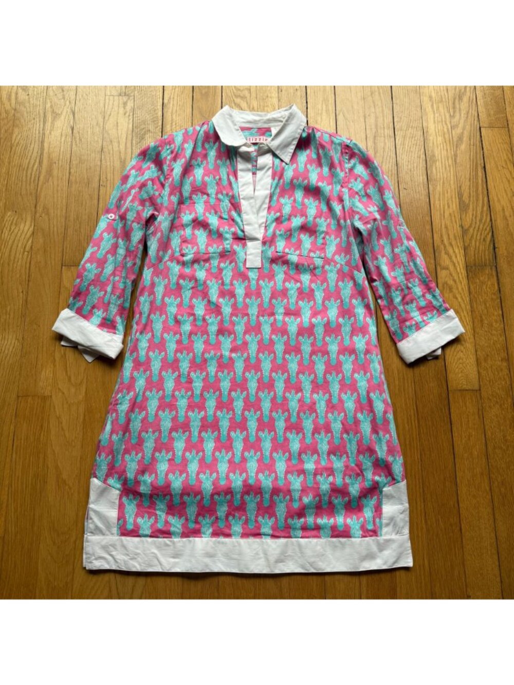 Tizzie Size XS Pink Aqua Zebra Print Split Neck Collar Cotton Blend Tunic Dress - Picture 4 of 15